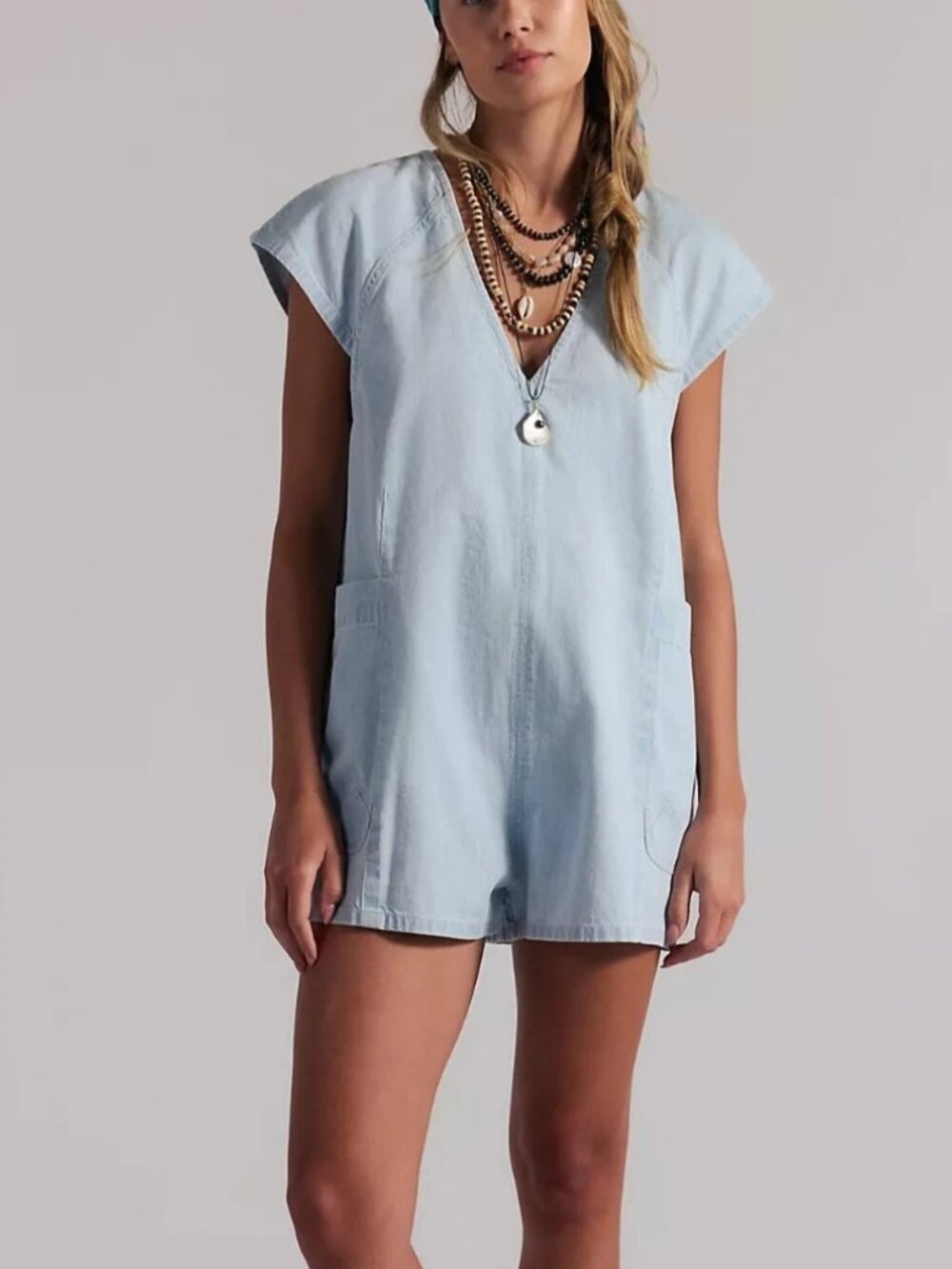 Free People We The Free Fall Denim Romper V-Neck Oversized Cotton Water S 289051